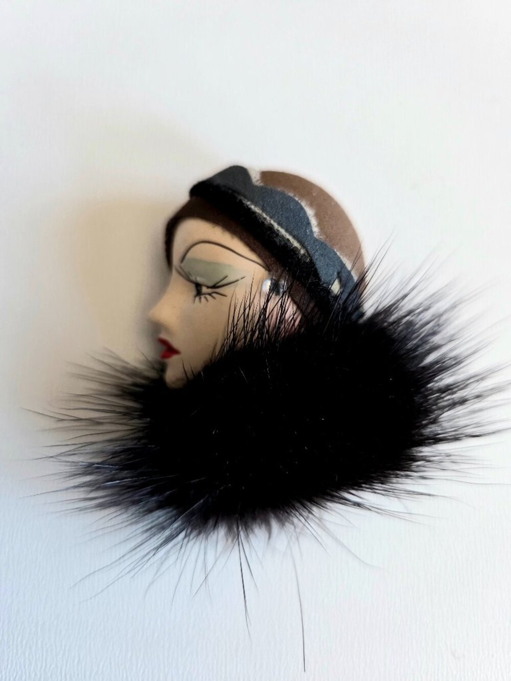 Vintage Art Deco style ceramic woman brooch with real fur collar. Made in Korea.